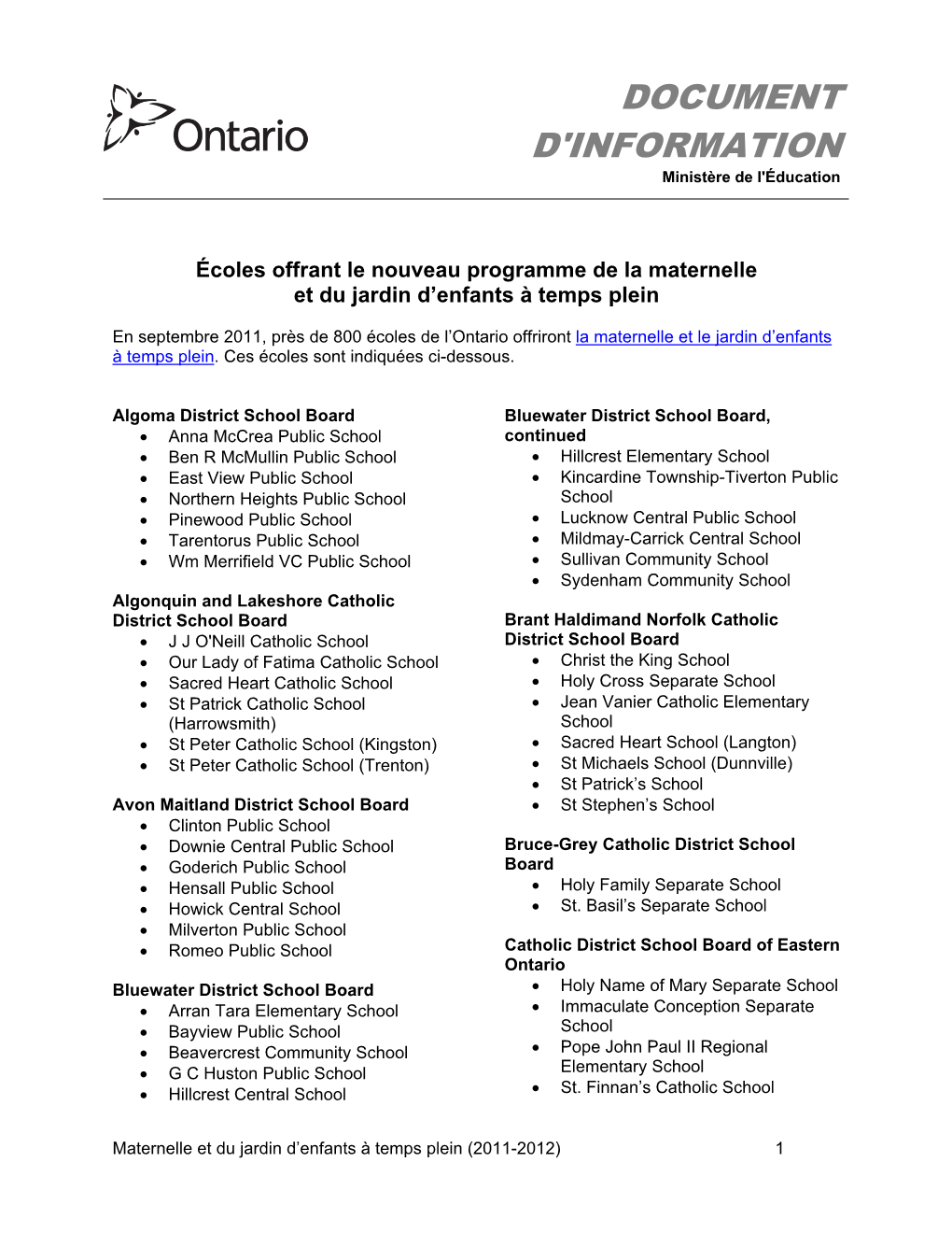 List of Schools for 2010-11 and 2011-12