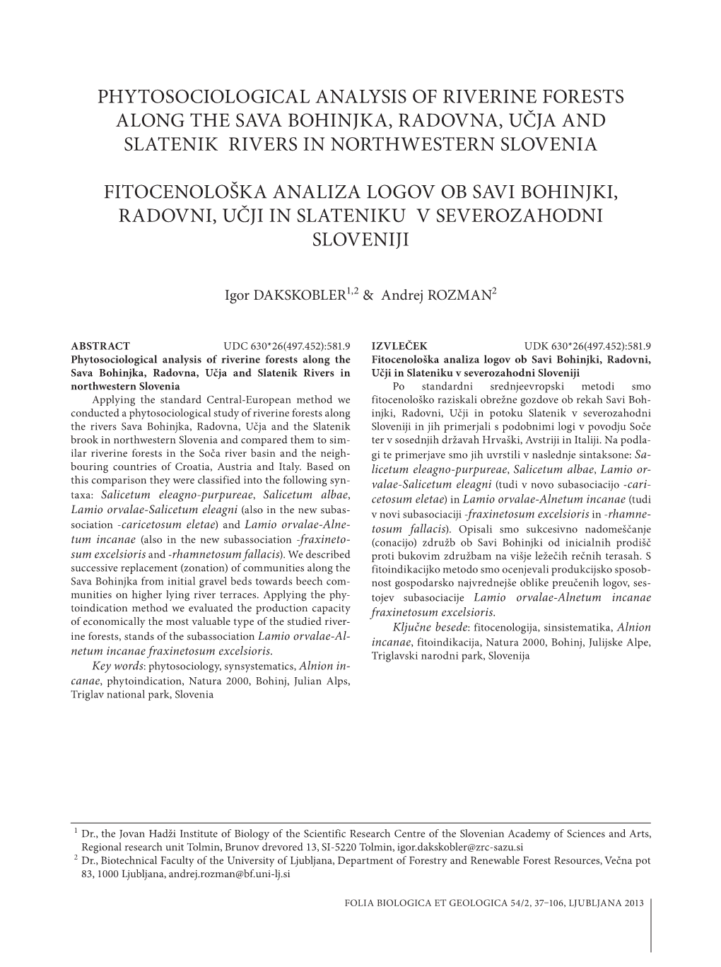 Phytosociological Analysis of Riverine Forests Along the Sava Bohinjka, Radovna, Učja and Slatenik Rivers in Northwestern Slovenia