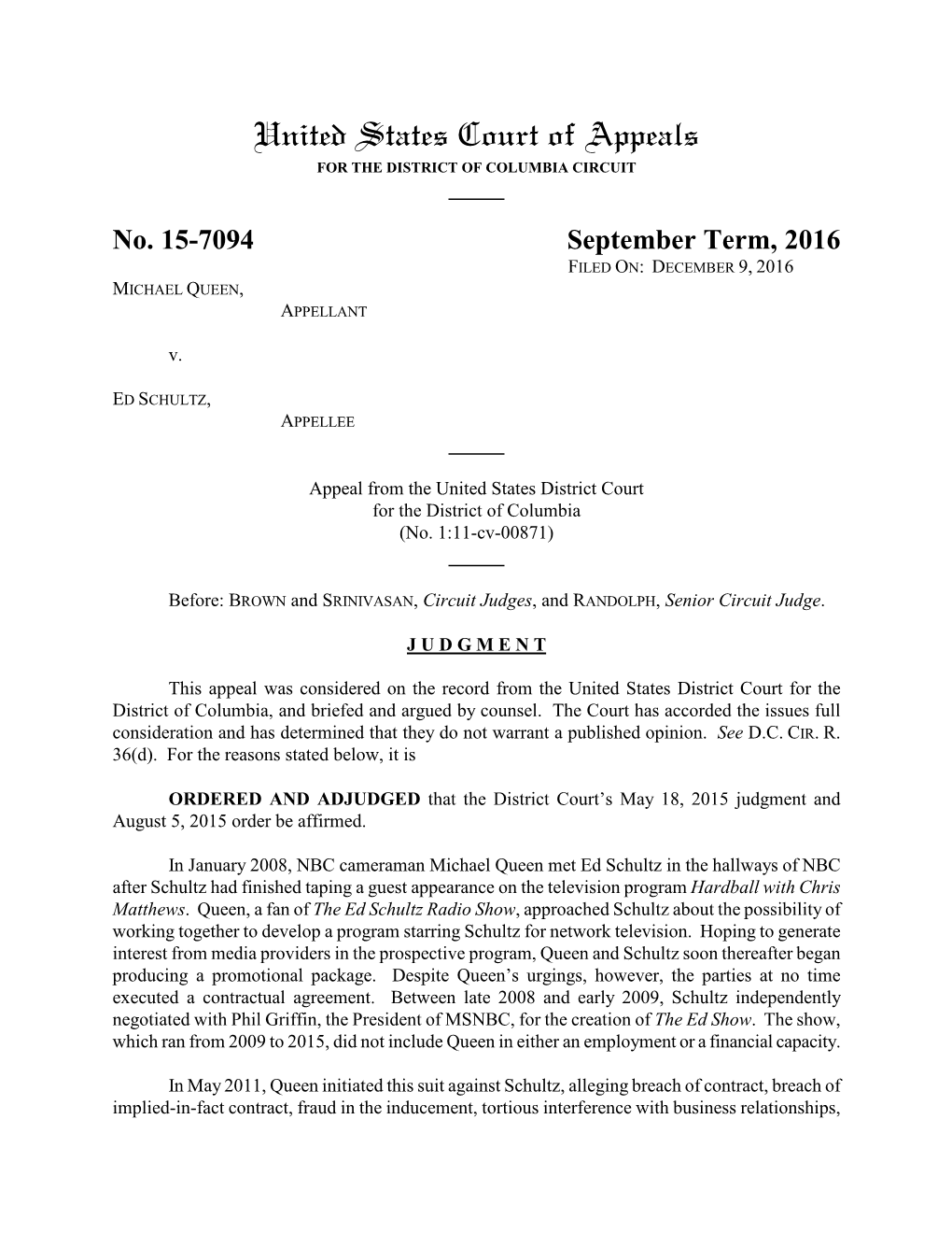 No. 15-7094 September Term, 2016 FILED ON: DECEMBER 9, 2016 MICHAEL QUEEN, APPELLANT