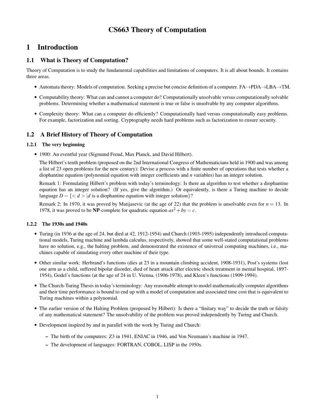 CS663 Theory of Computation 1 Introduction