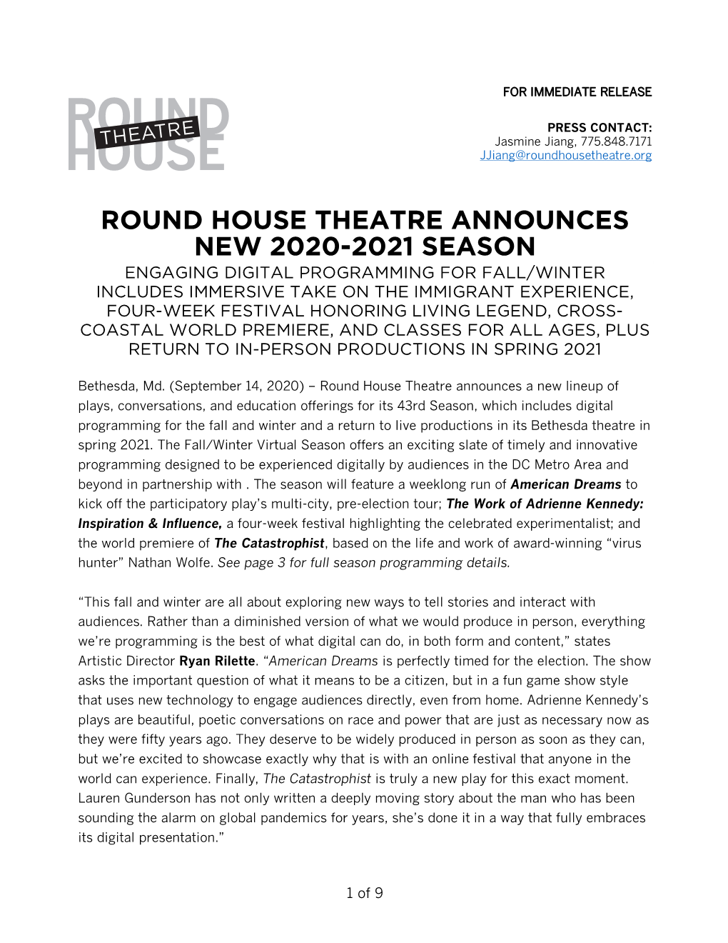 Round House Theatre Announces New 2020-2021 Season