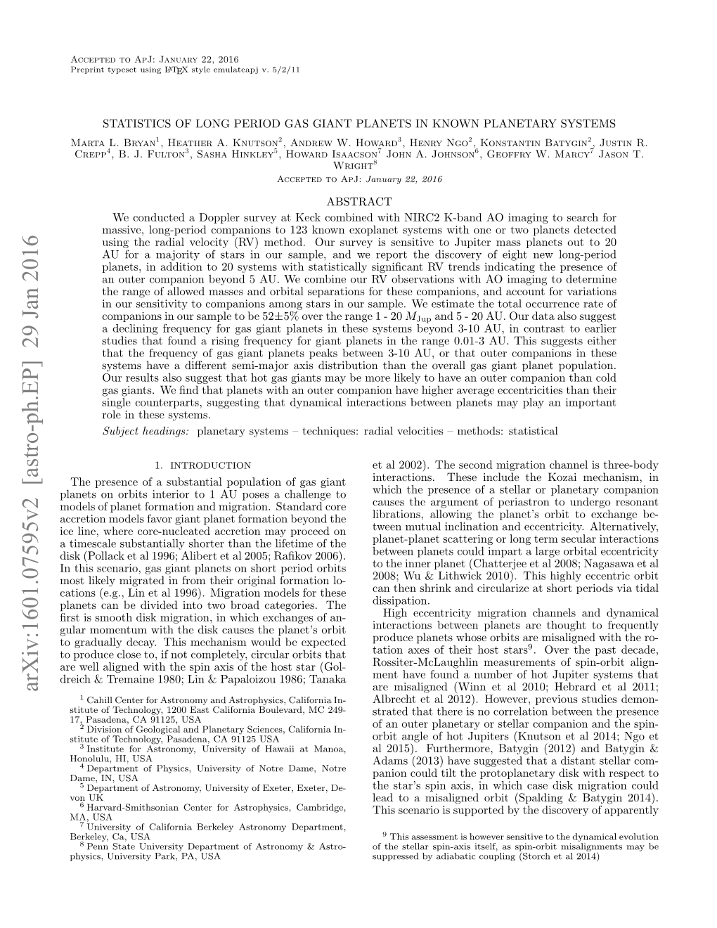 STATISTICS of LONG PERIOD GAS GIANT PLANETS in KNOWN PLANETARY SYSTEMS Marta L