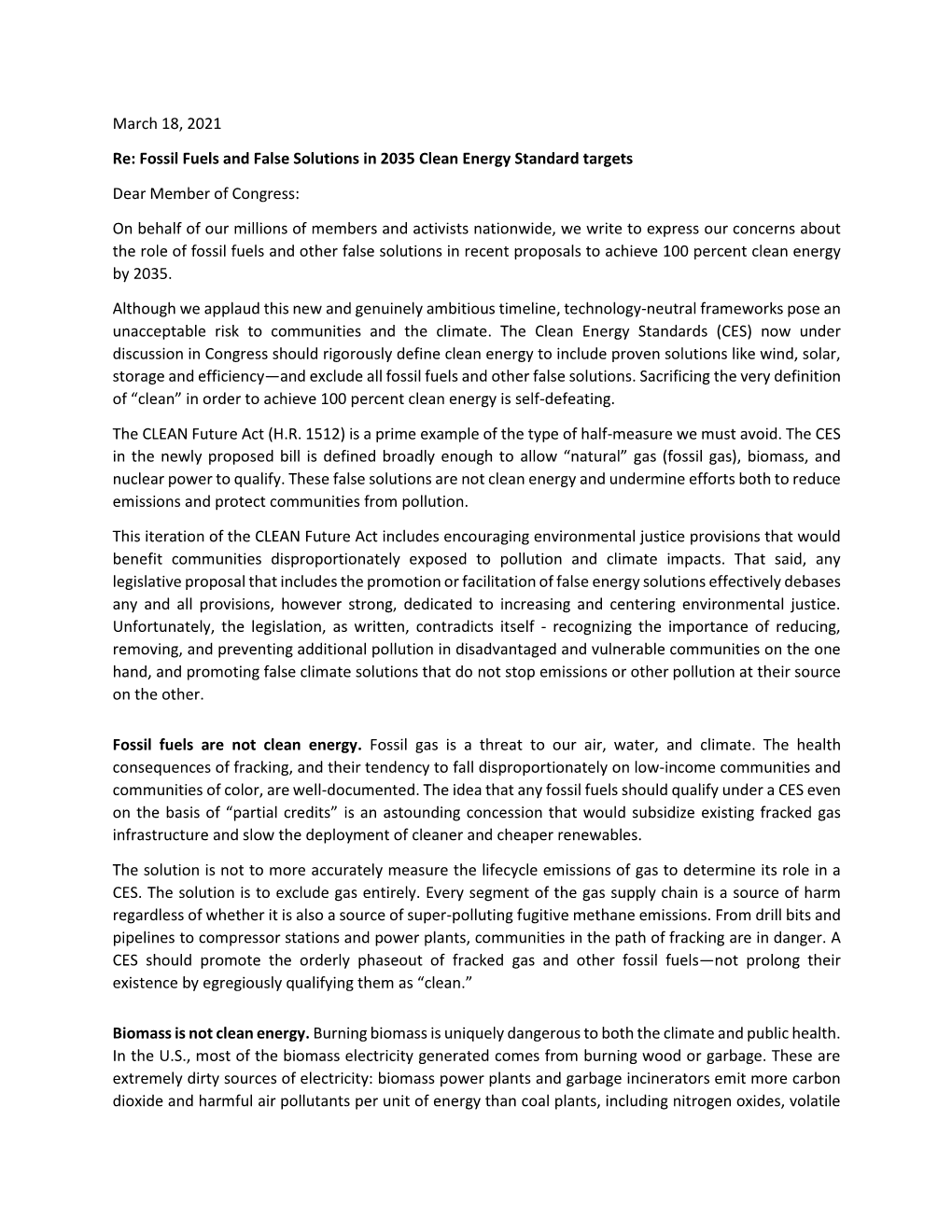 March 18, 2021 Re: Fossil Fuels and False Solutions in 2035 Clean Energy Standard Targets Dear Member of Congress: on Behalf Of