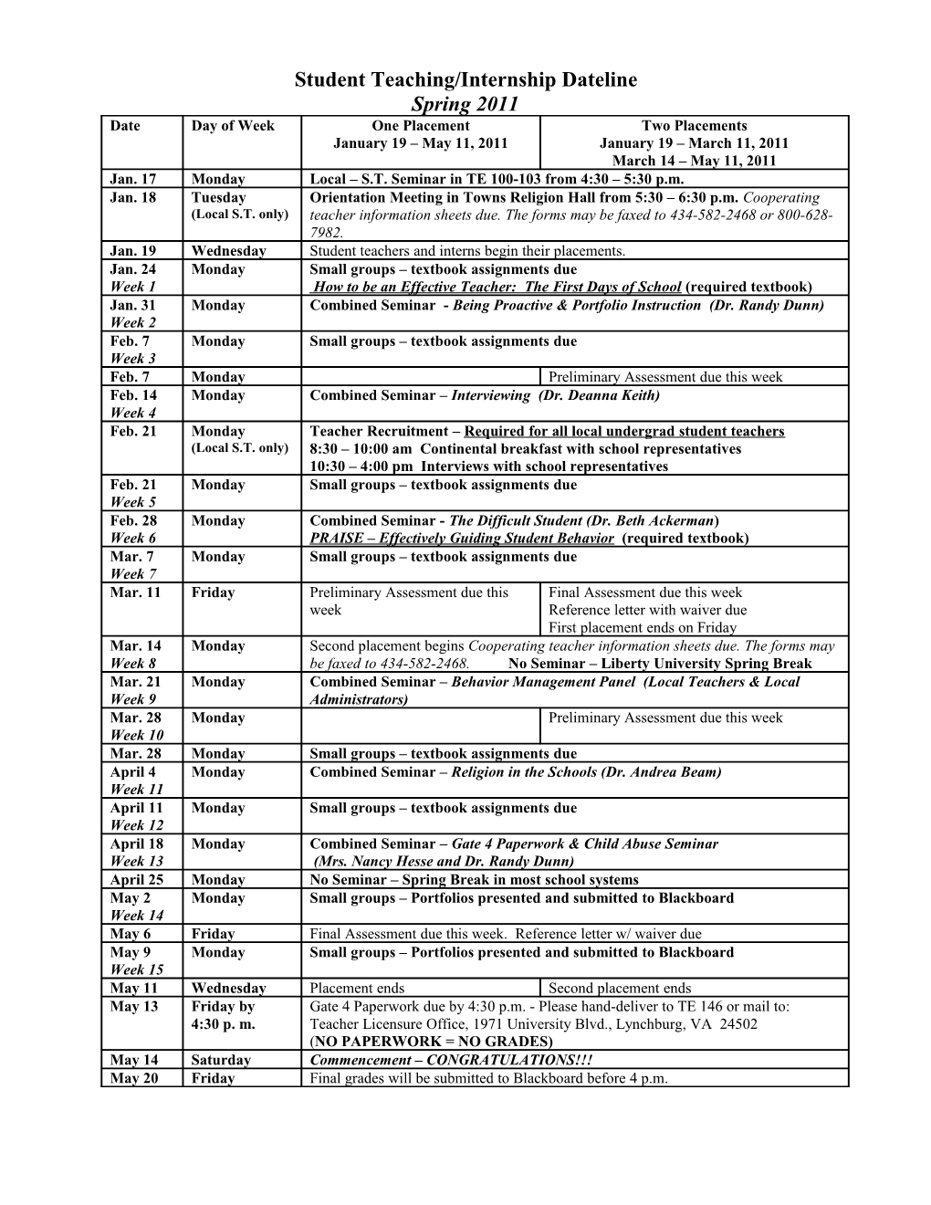 Student Teaching/Internship Calendar