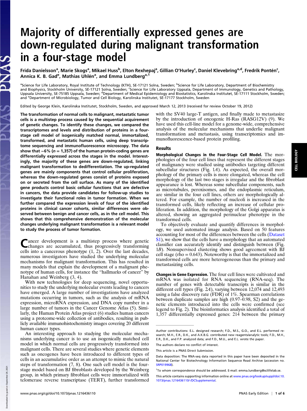 Majority of Differentially Expressed Genes Are Down-Regulated During Malignant Transformation in a Four-Stage Model