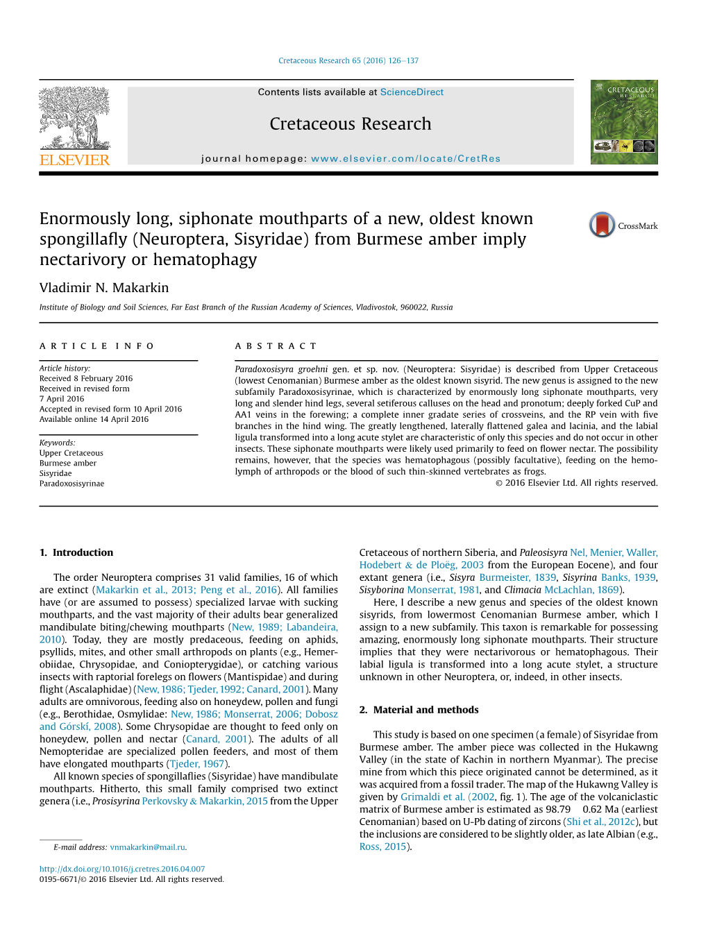 (Neuroptera, Sisyridae) from Burmese Amber Imply Nectarivory Or Hematophagy