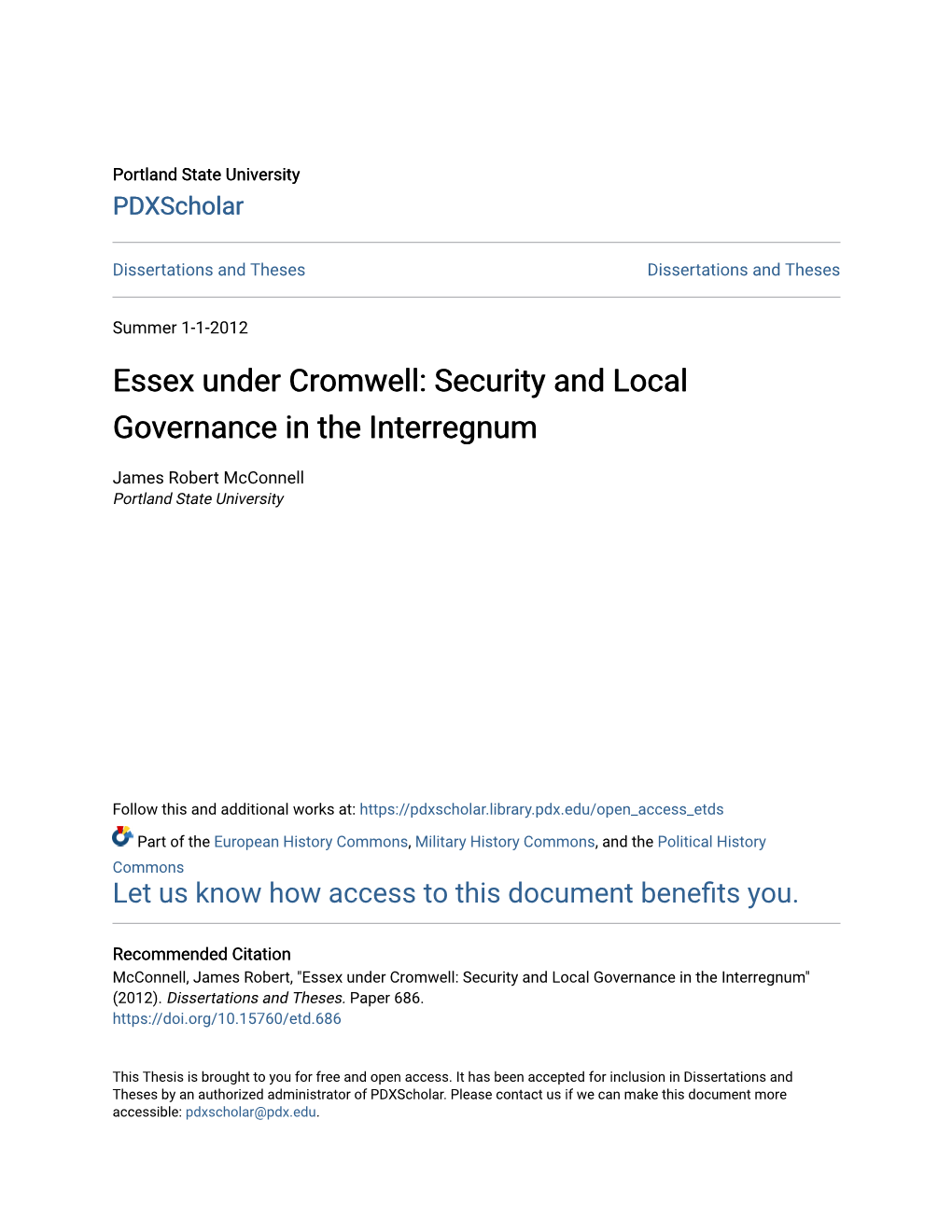 Essex Under Cromwell: Security and Local Governance in the Interregnum