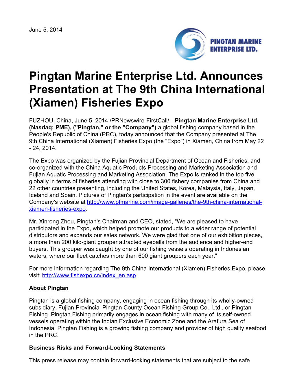 Pingtan Marine Enterprise Ltd. Announces Presentation at the 9Th China International (Xiamen) Fisheries Expo