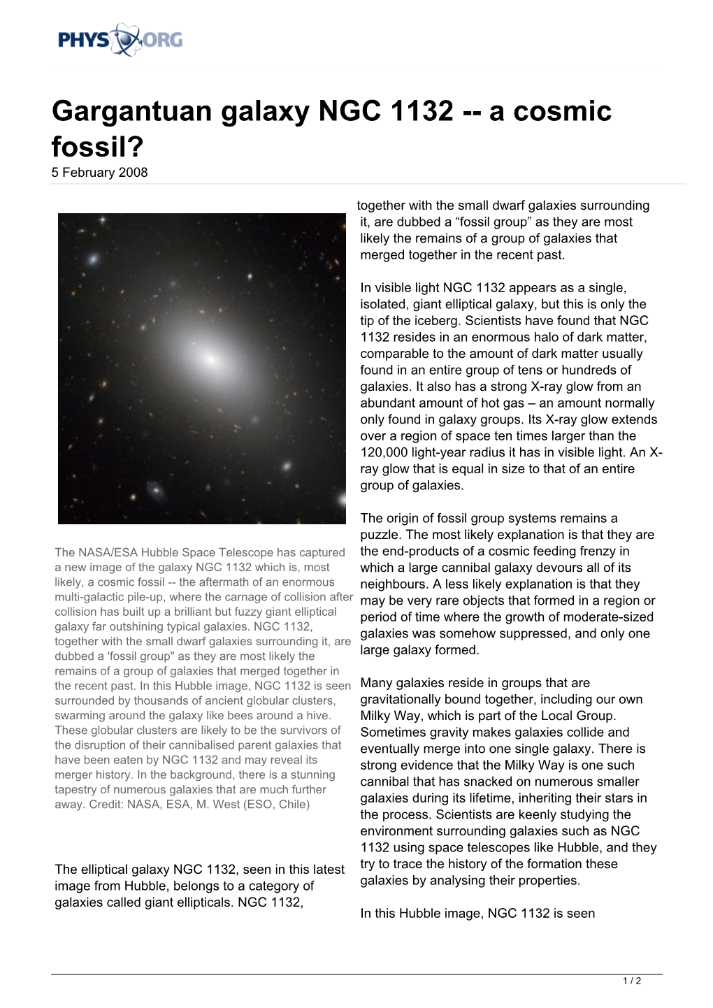Gargantuan Galaxy NGC 1132 -- a Cosmic Fossil? 5 February 2008