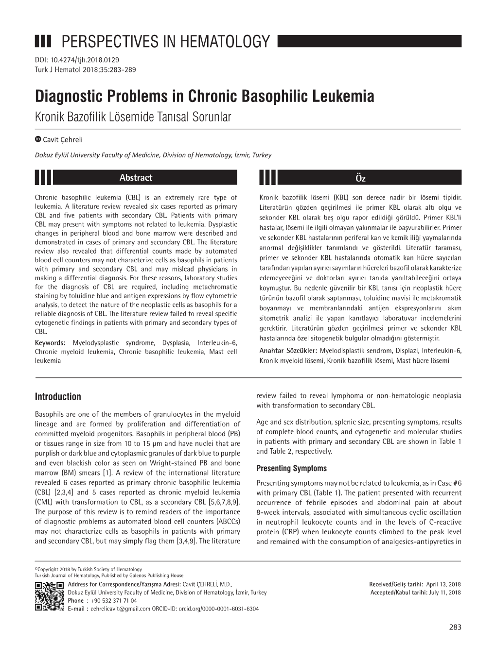 Diagnostic Problems in Chronic Basophilic Leukemia PERSPECTIVES in HEMATOLOGY