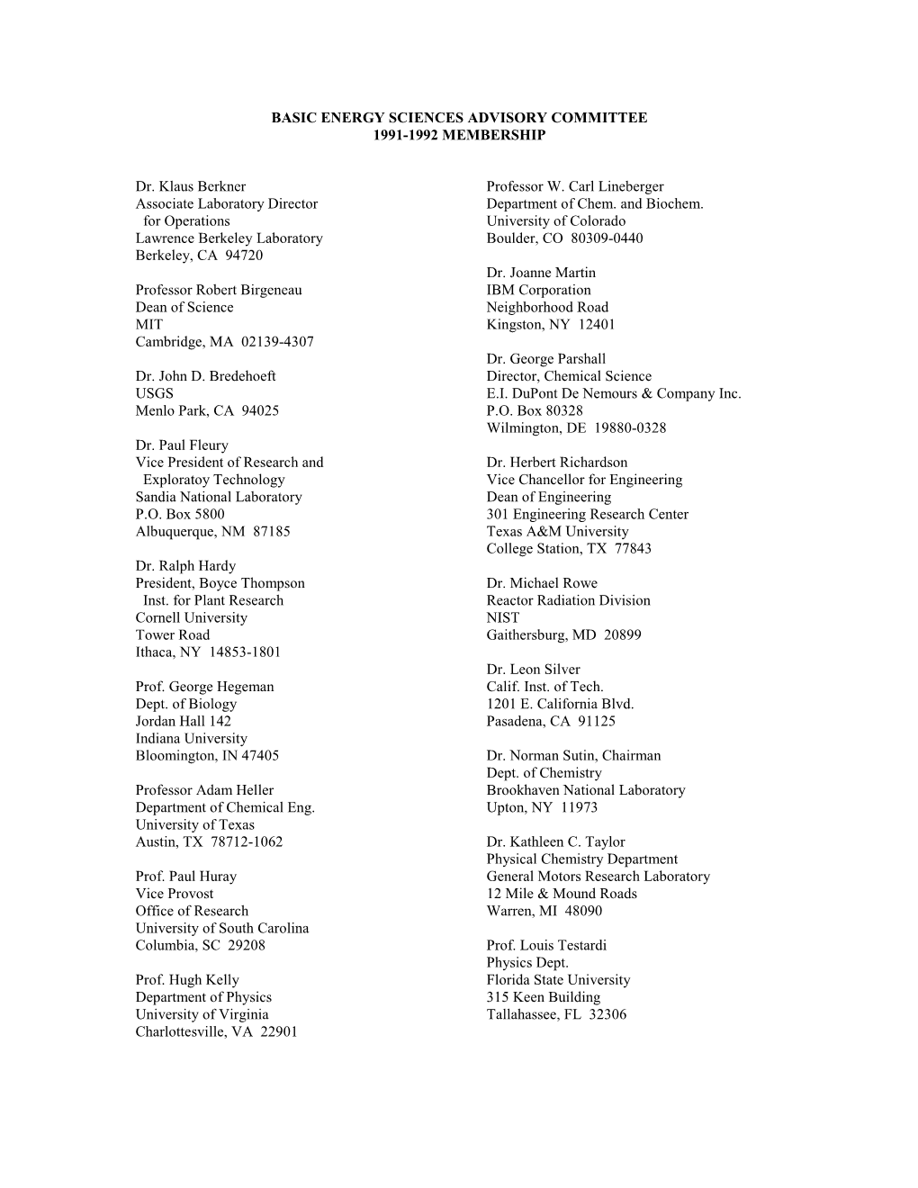 Basic Energy Sciences Advisory Committee 1991-1992 Membership