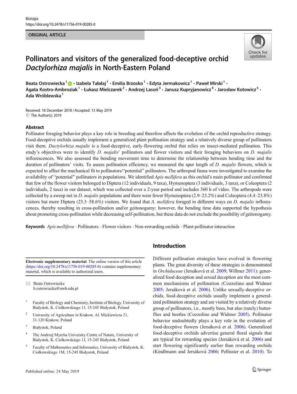 Pollinators and Visitors of the Generalized Food-Deceptive Orchid Dactylorhiza Majalis in North-Eastern Poland