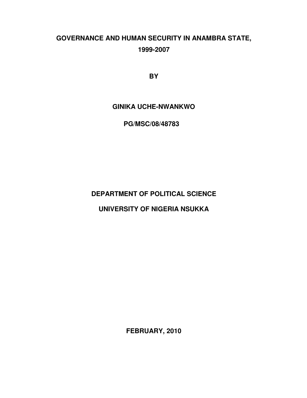 Governance and Human Security in Anambra State, 1999-2007