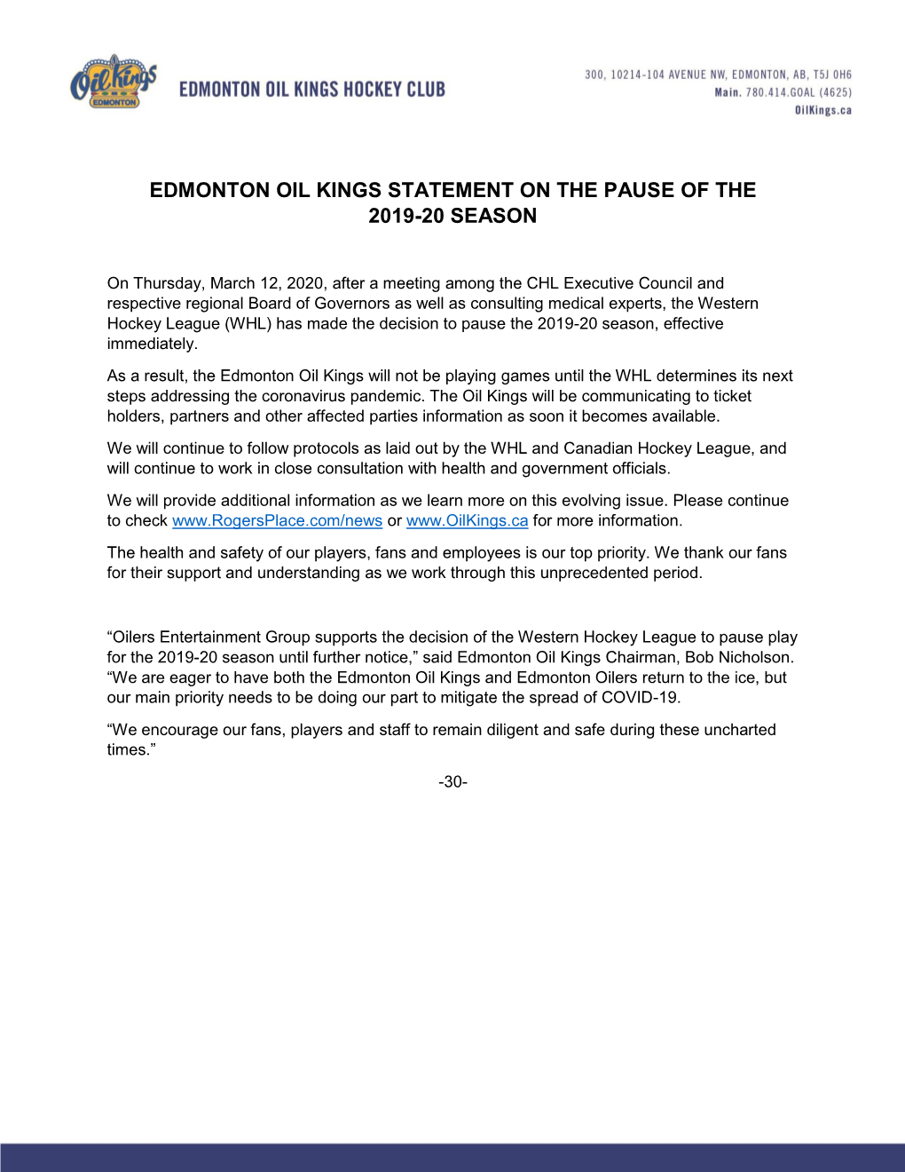 Edmonton Oil Kings Statement on the Pause of the 2019-20 Season