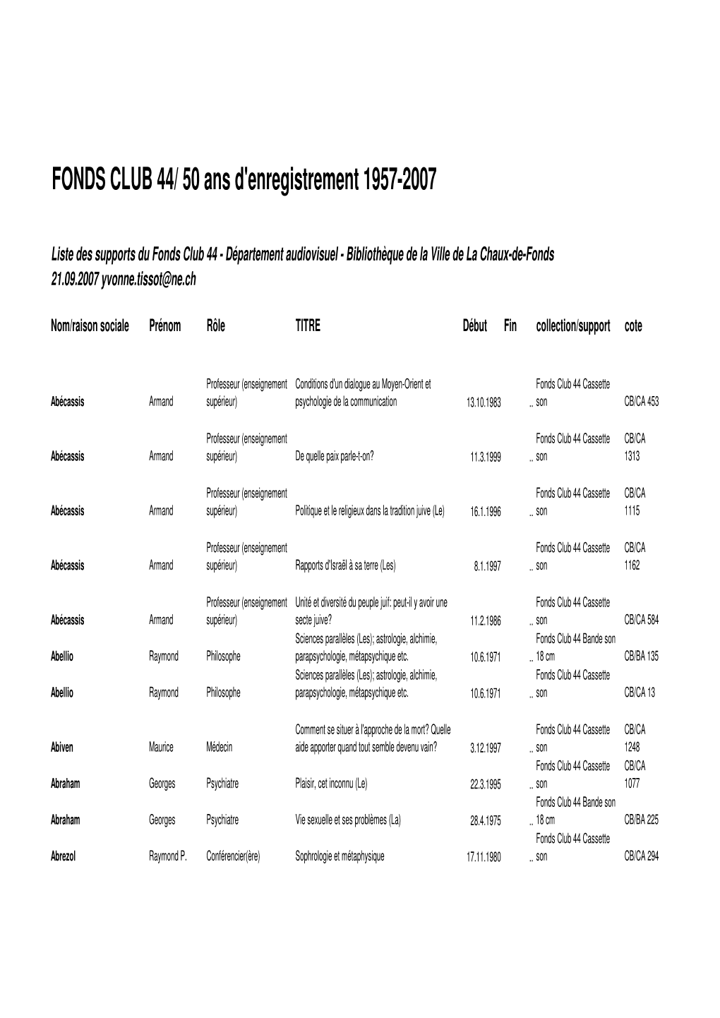 FONDS CLUB 44/ 50 Ans D'enregistrement 1957-2007