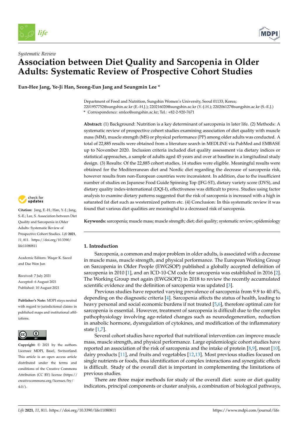 Association Between Diet Quality and Sarcopenia in Older Adults: Systematic Review of Prospective Cohort Studies