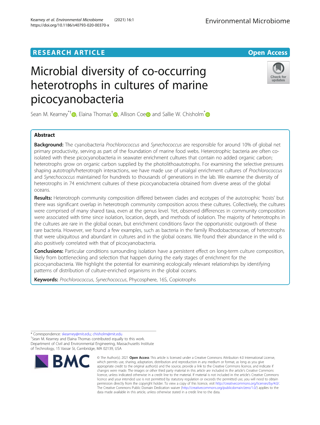 Microbial Diversity of Co-Occurring Heterotrophs in Cultures of Marine Picocyanobacteria Sean M