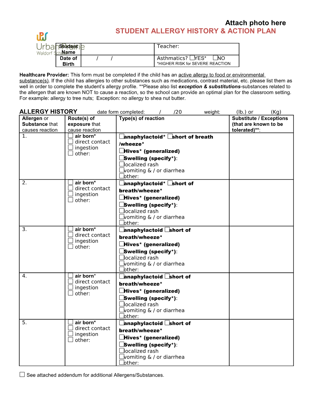 See Attached Addendum for Additional Allergens/Substances