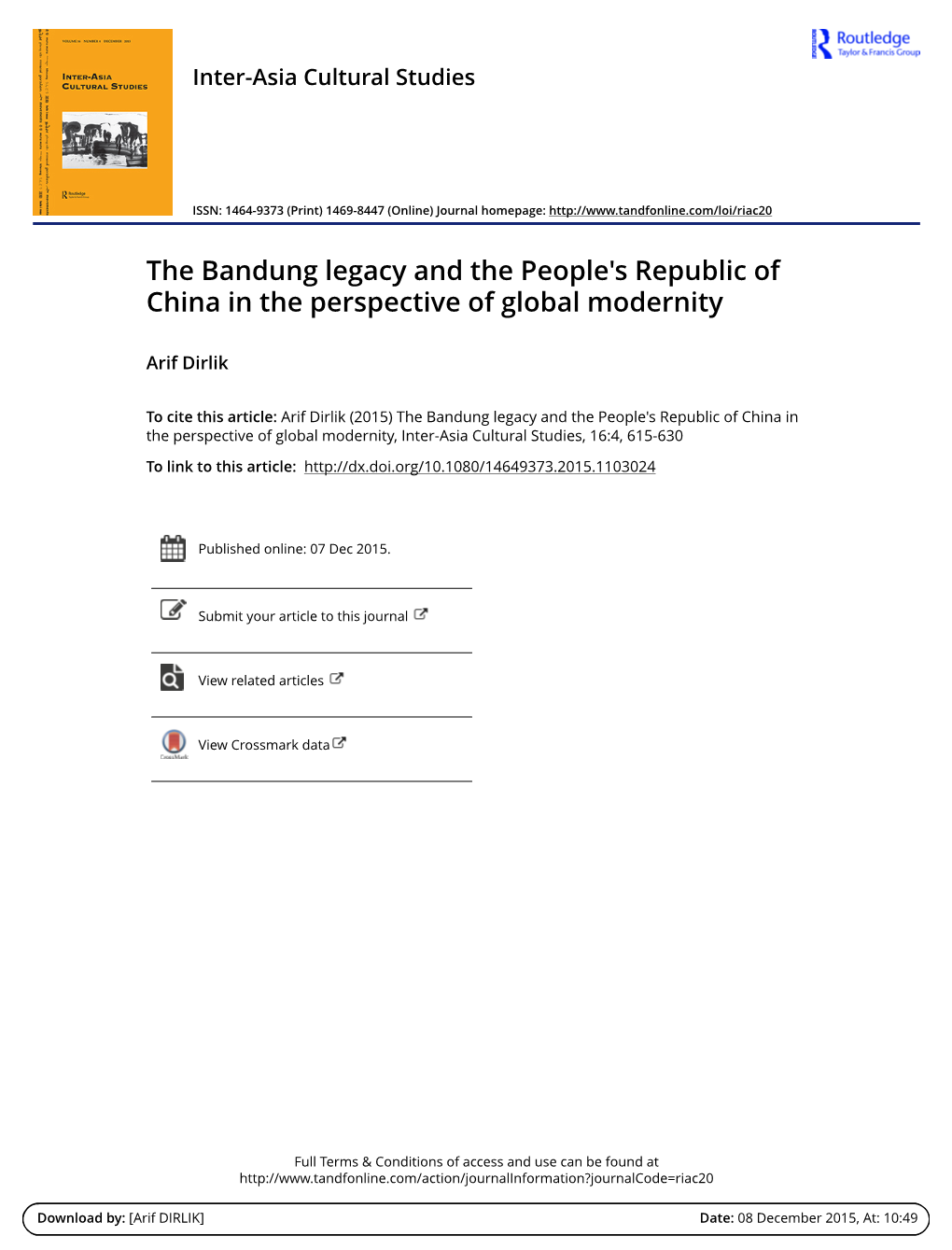 The Bandung Legacy and the People's Republic of China in the Perspective of Global Modernity