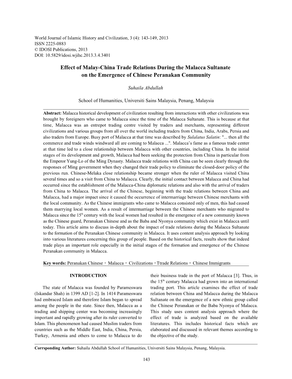 Effect of Malay-China Trade Relations During the Malacca Sultanate on the Emergence of Chinese Peranakan Community