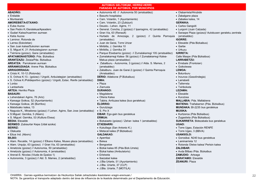 AUTOBUS GELTOKIAK, HERRIZ-HERRI PARADAS DE AUTOBÚS, POR MUNICIPIOS ABADIÑO: • Erdialde • Muntsaratz AMOREBIETA-ETXANO