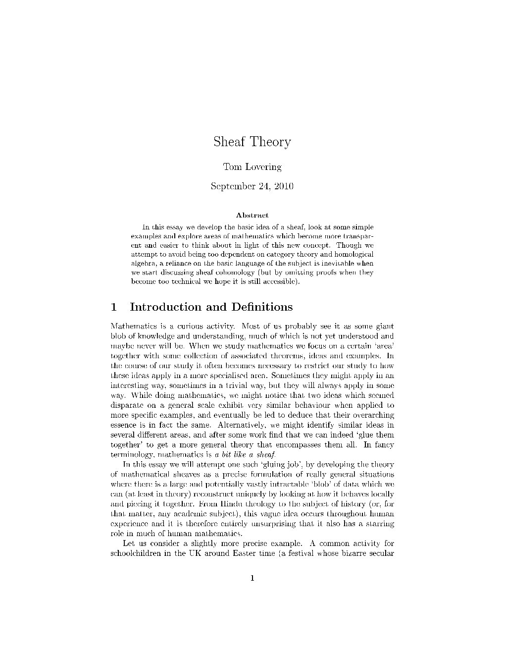 Sheaf Theory 1 Introduction and Definitions