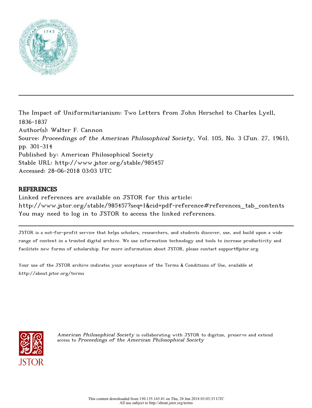 Two Letters from John Herschel to Charles Lyell, 1836-1837 Author(S): Walter F