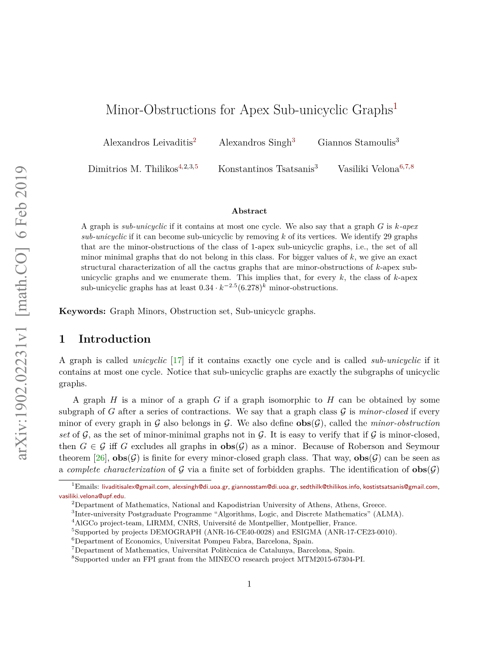 Minor-Obstructions for Apex Sub-Unicyclic Graphs1