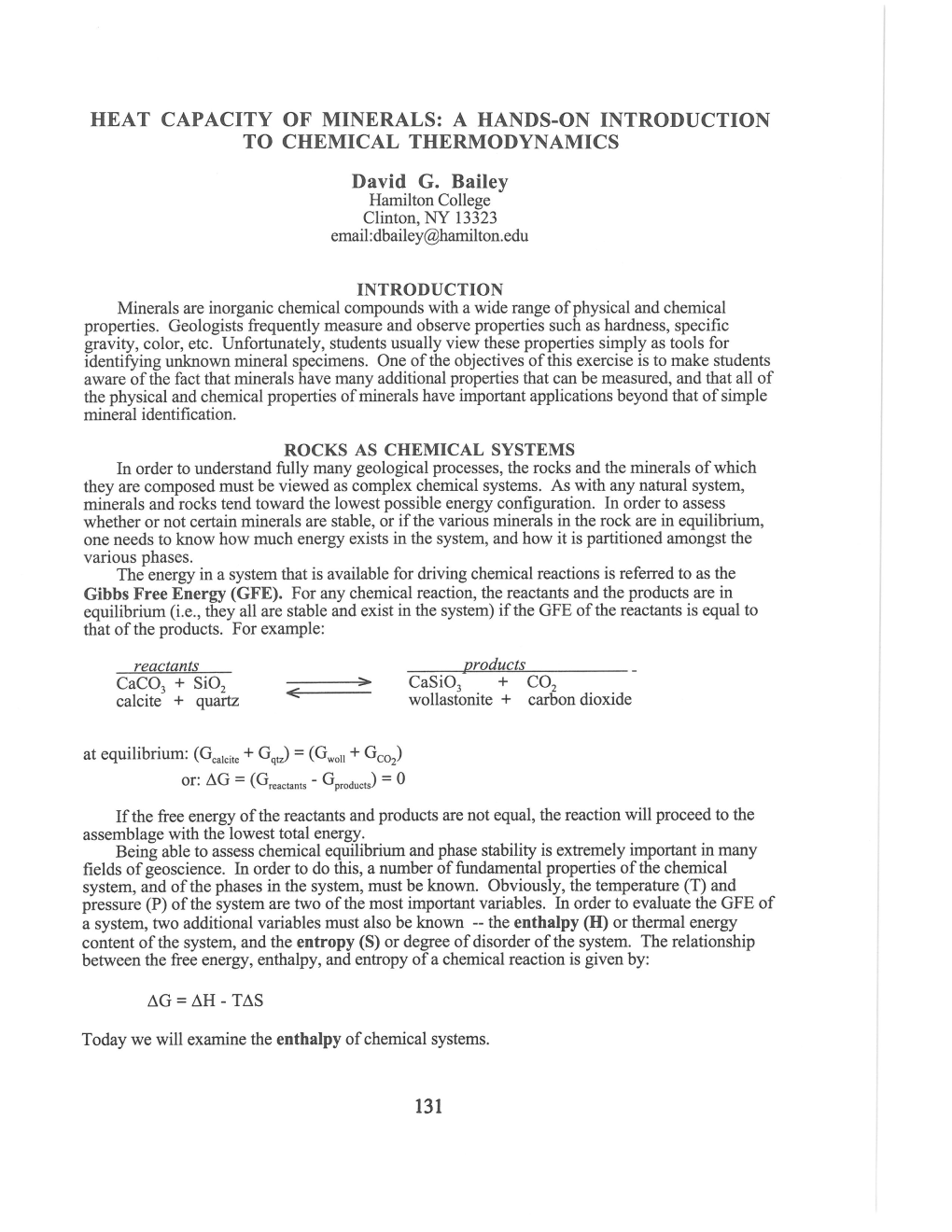 HEAT CAPACITY of MINERALS: a HANDS-ON INTRODUCTION to CHEMICAL THERMODYNAMICS David G