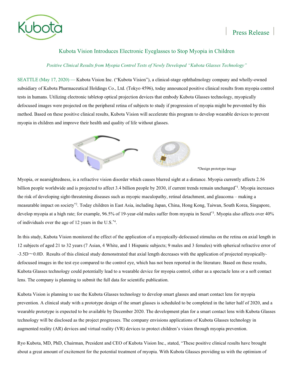Kubota Vision Introduces Electronic Eyeglasses to Stop Myopia in Children