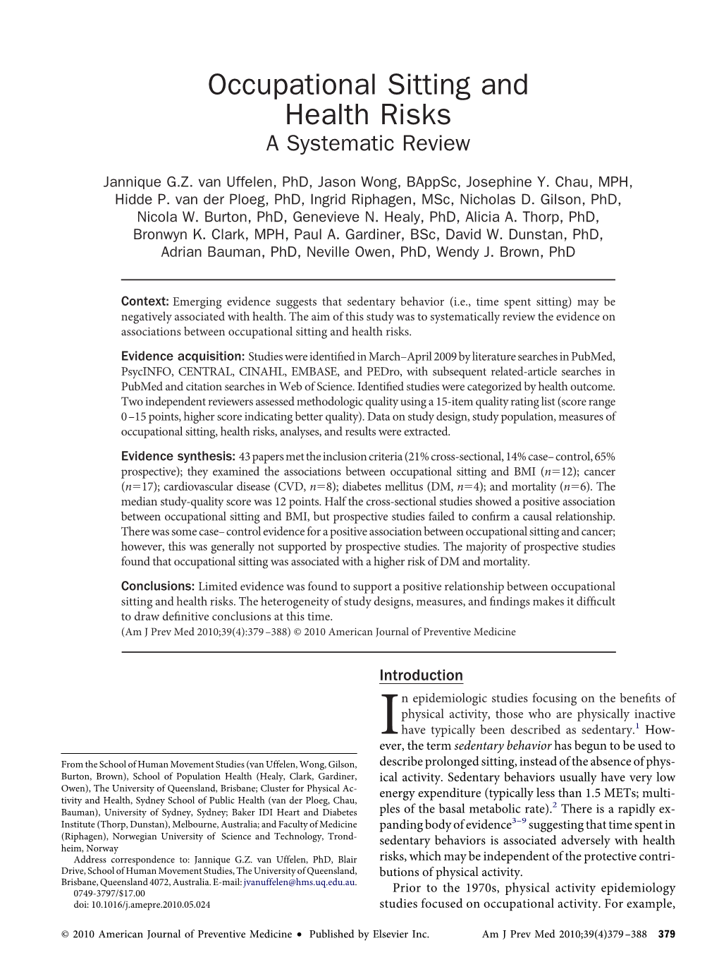 Occupational Sitting and Health Risks a Systematic Review