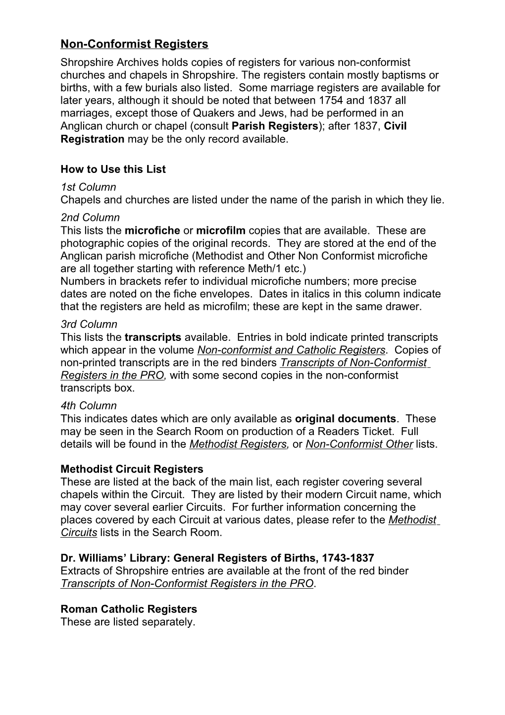 Non-Conformist Registers Shropshire Archives Holds Copies of Registers for Various Non-Conformist Churches and Chapels in Shropshire