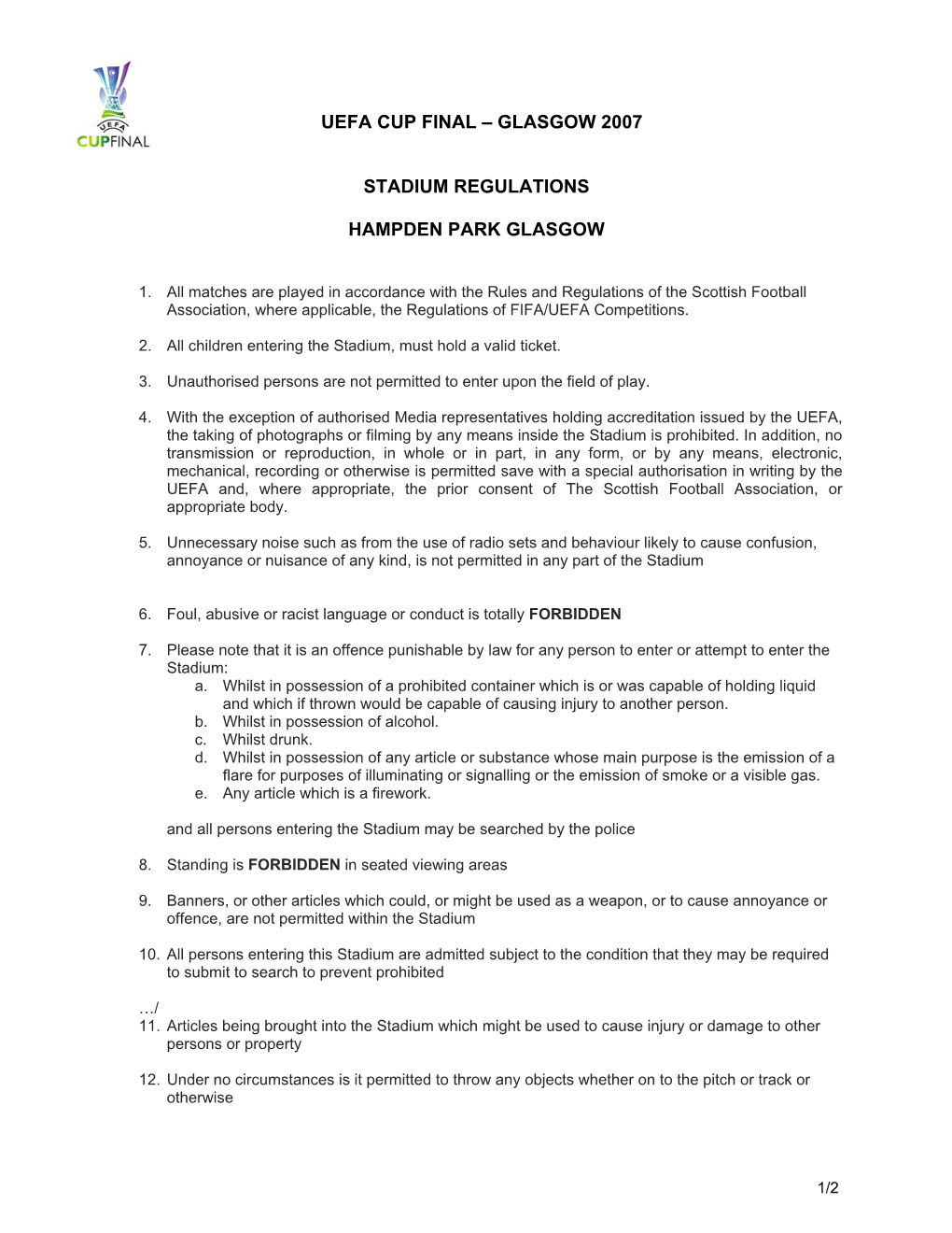 Uefa Cup Final – Glasgow 2007 Stadium Regulations