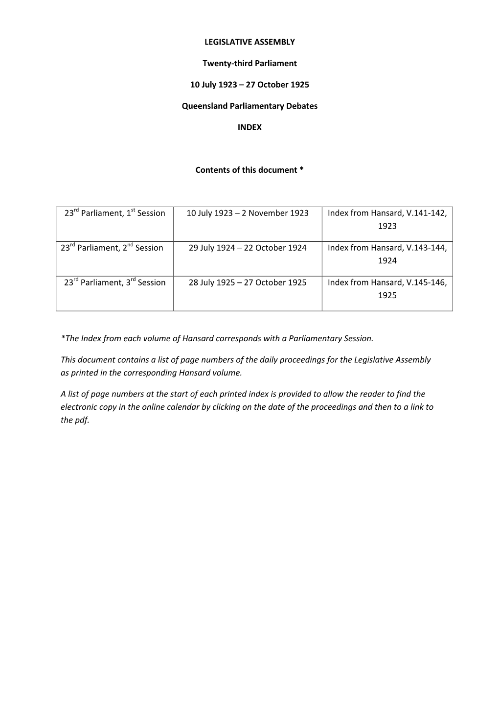 1923-1925 Index to Parliamentary Debates