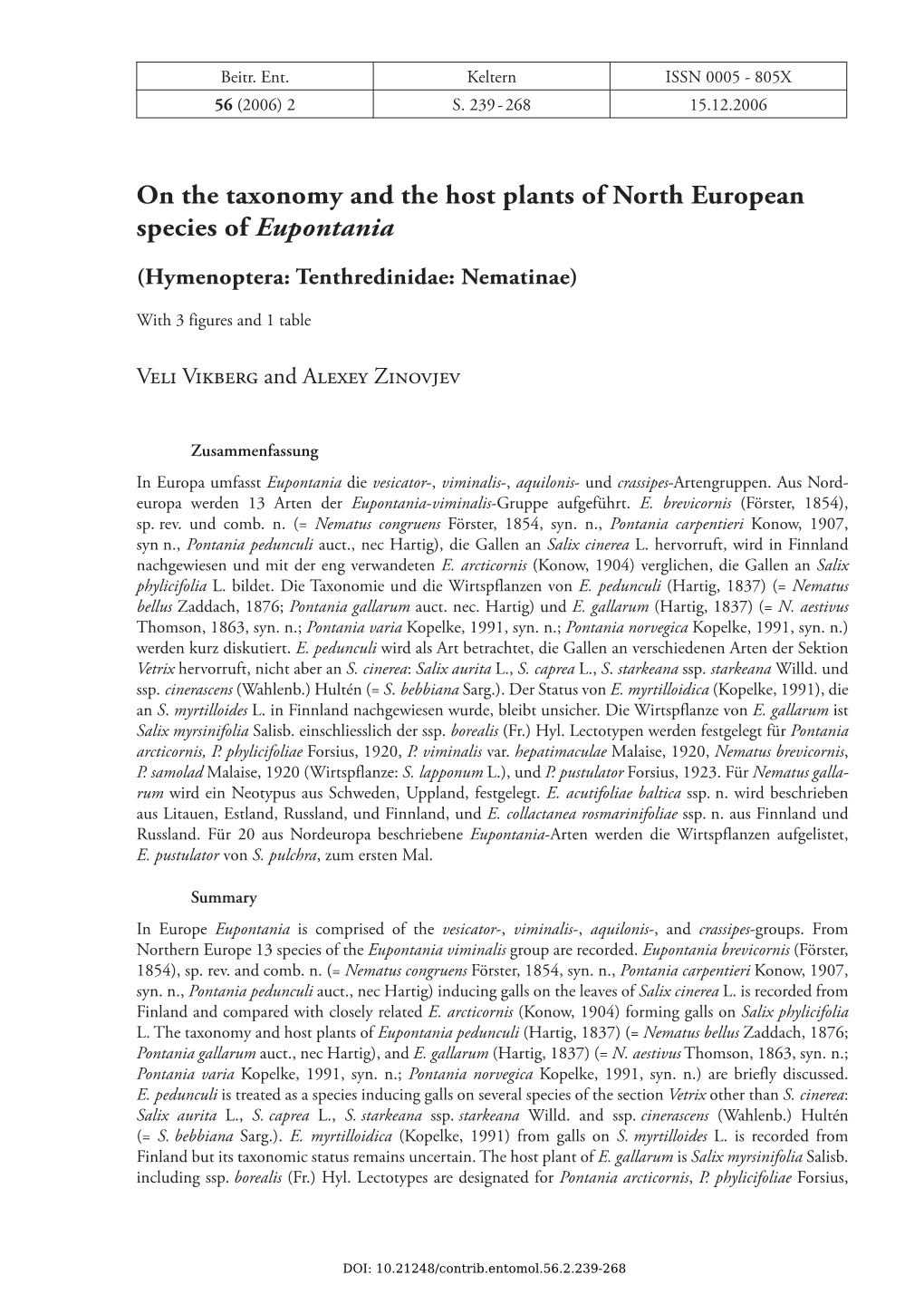 On the Taxonomy and the Host Plants of North European Species of Eupontania