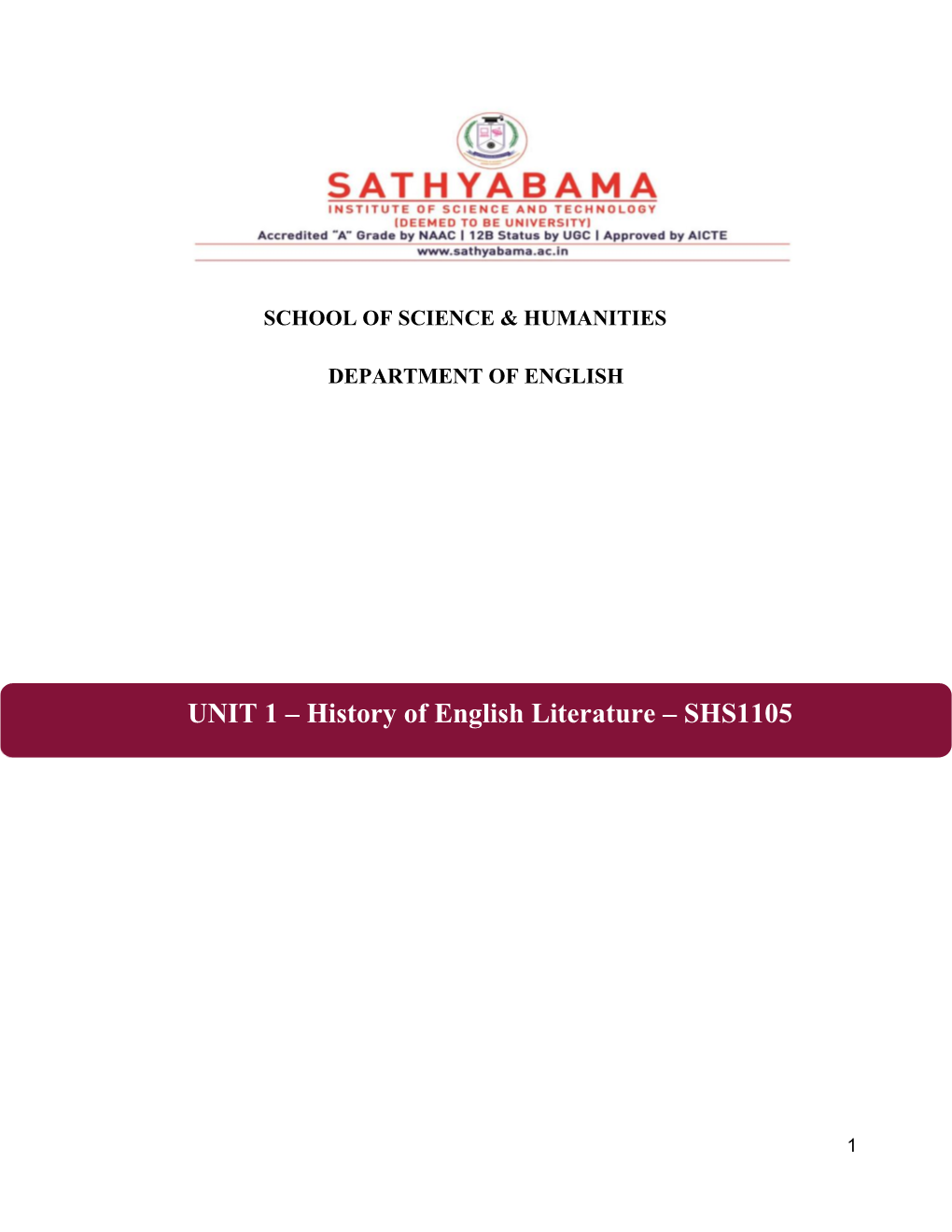 UNIT 1 – History of English Literature – SHS1105