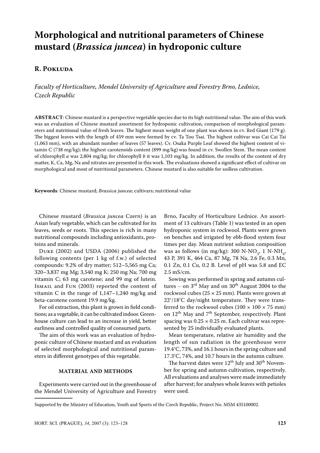 Morphological and Nutritional Parameters of Chinese Mustard (Brassica Juncea) in Hydroponic Culture