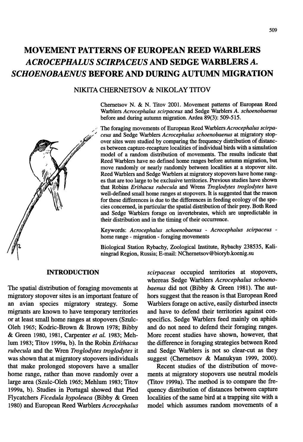 Movement Patterns of European Reed Warbler S Acrocephalus Scirpaceus and Sedge Warblers A