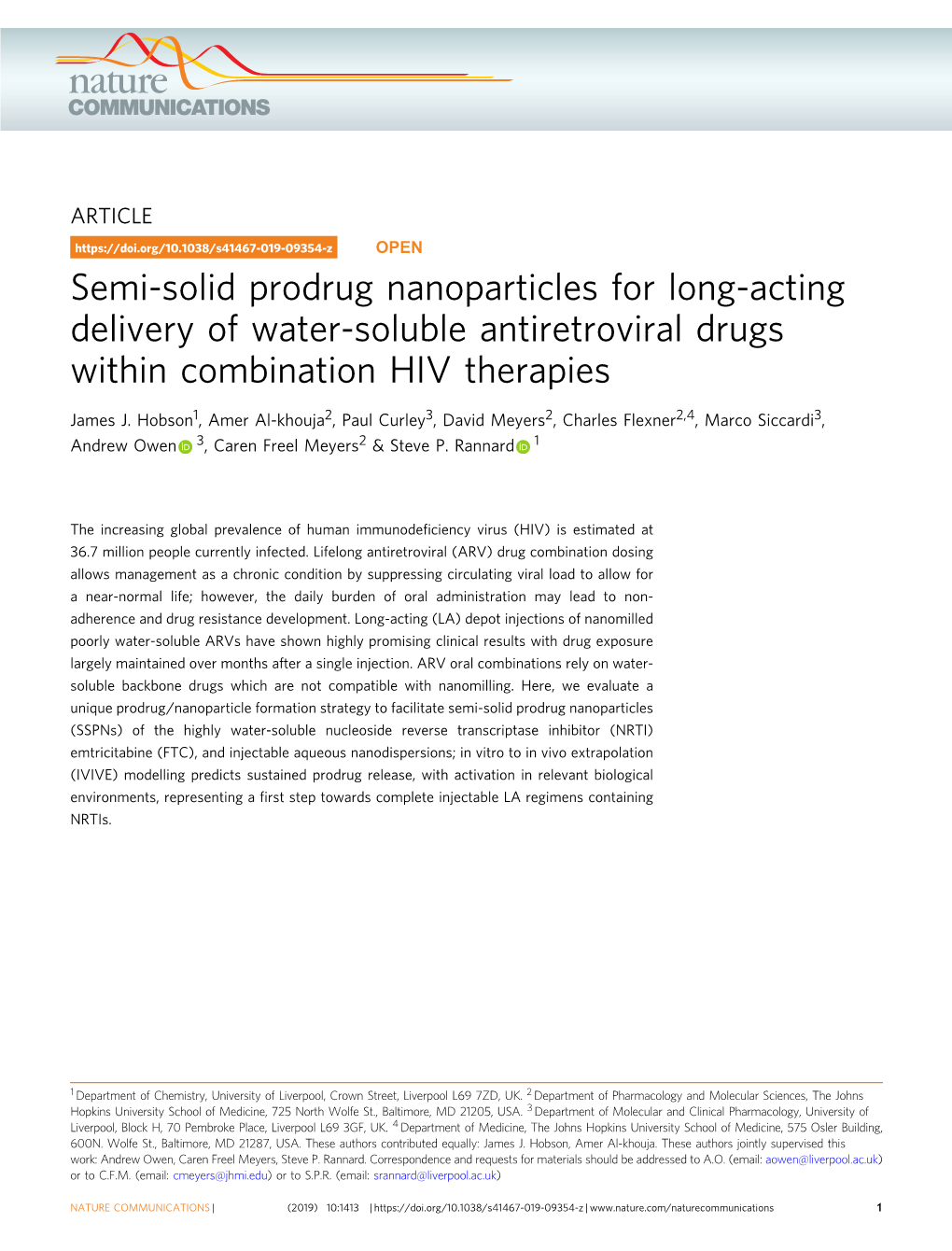 Semi-Solid Prodrug Nanoparticles for Long-Acting Delivery of Water-Soluble Antiretroviral Drugs Within Combination HIV Therapies