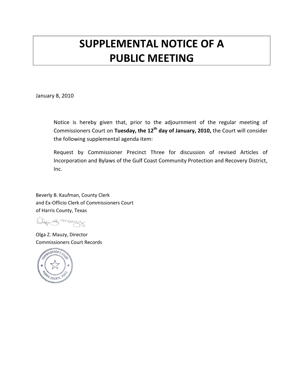 Supplemental Notice of a Public Meeting