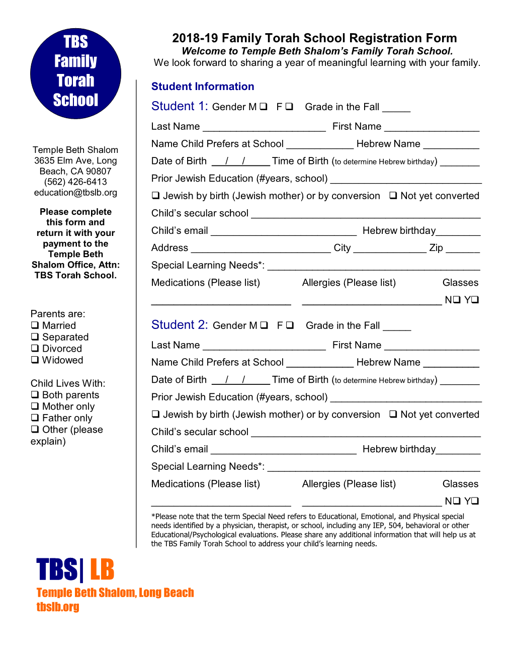 Family Torah School Registration Form Welcome to Temple Beth Shalom’S Family Torah School