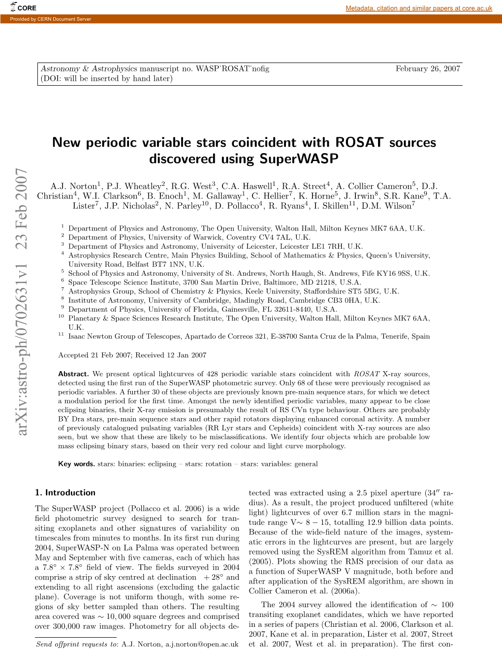 Arxiv:Astro-Ph/0702631V1 23 Feb 2007 CORE Vr3000rwiae.Pooer O L Bet De- Objects All for Photometry Images