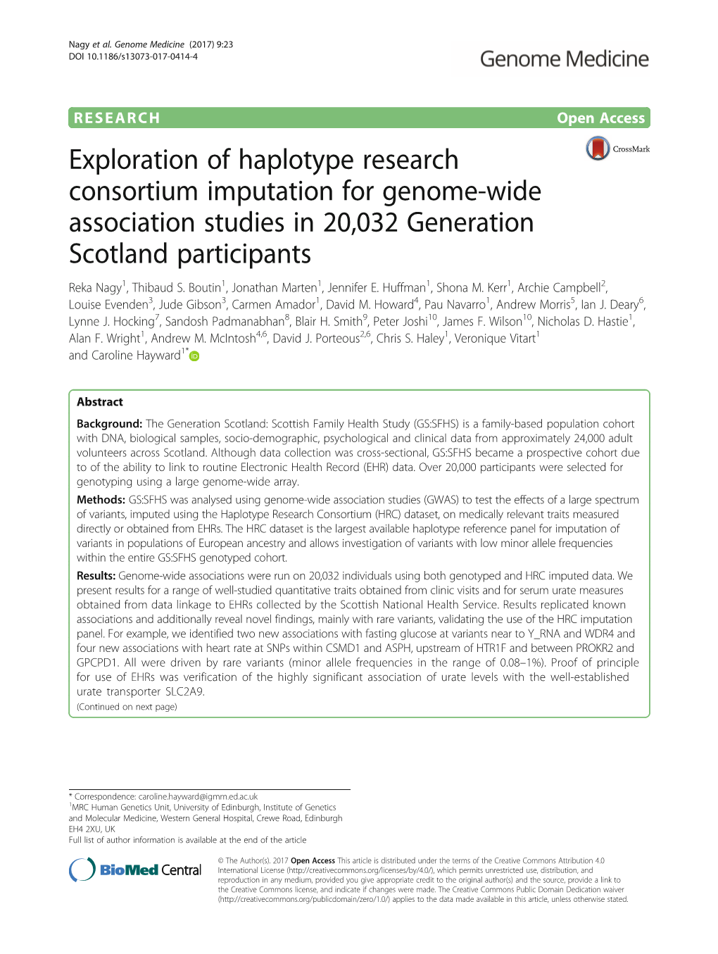 Exploration of Haplotype Research Consortium Imputation for Genome-Wide Association Studies in 20,032 Generation Scotland Participants Reka Nagy1, Thibaud S