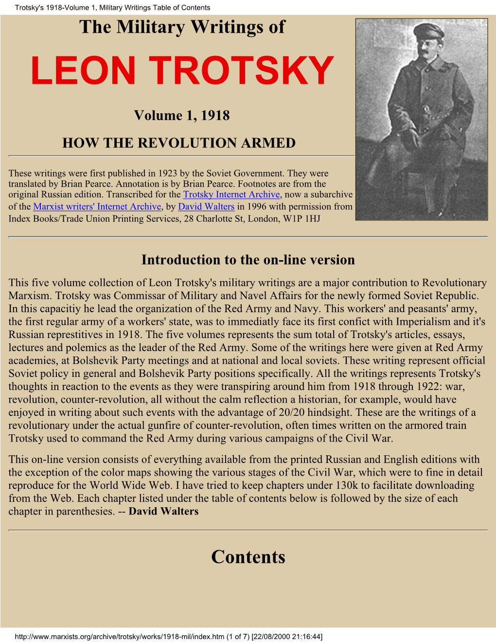 Trotsky's 1918-Volume 1, Military Writings Table of Contents the Military Writings of LEON TROTSKY