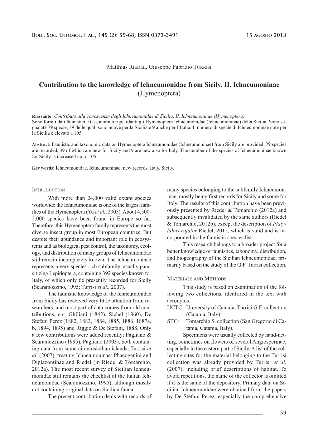 Contribution to the Knowledge of Ichneumonidae from Sicily. II