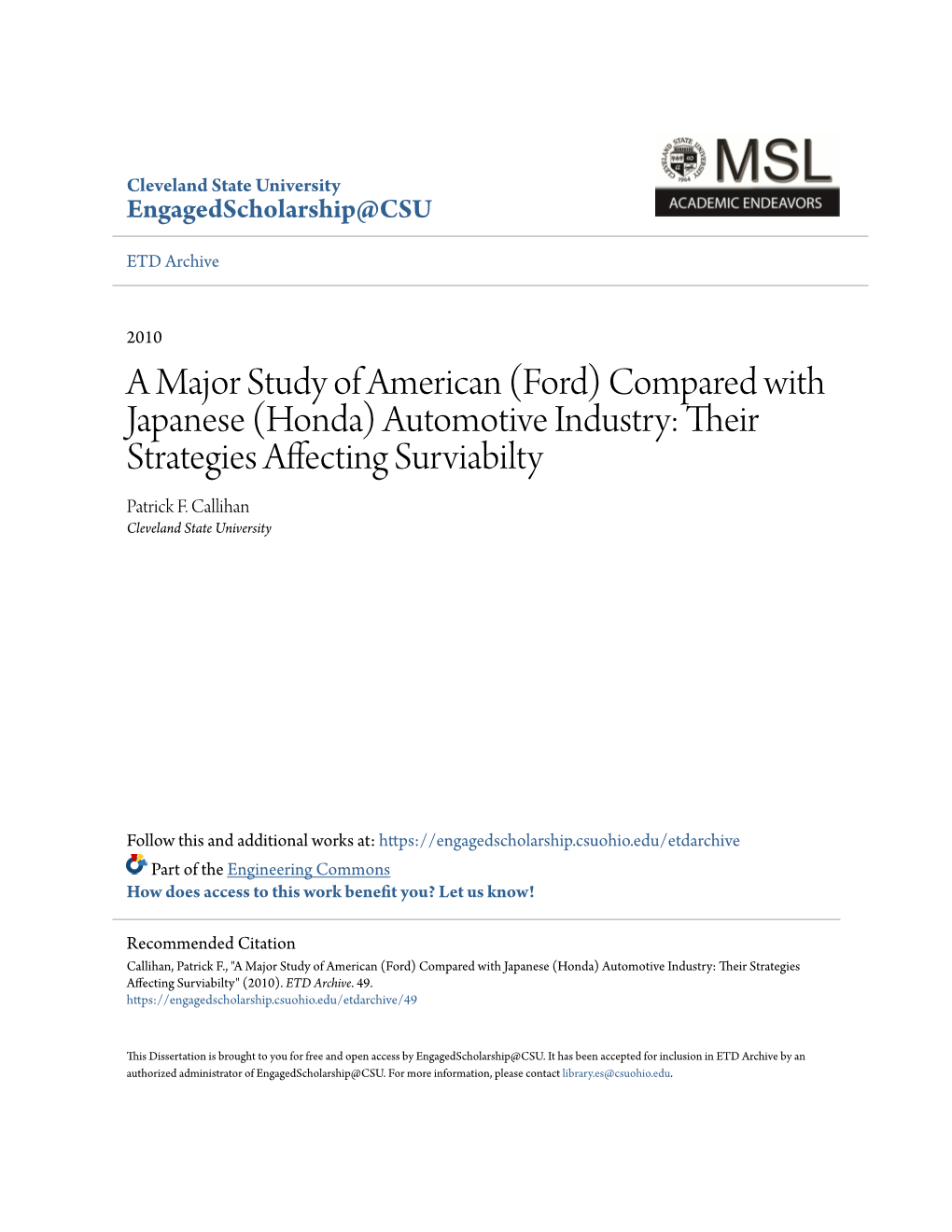 Honda) Automotive Industry: Their Strategies Affecting Surviabilty Patrick F