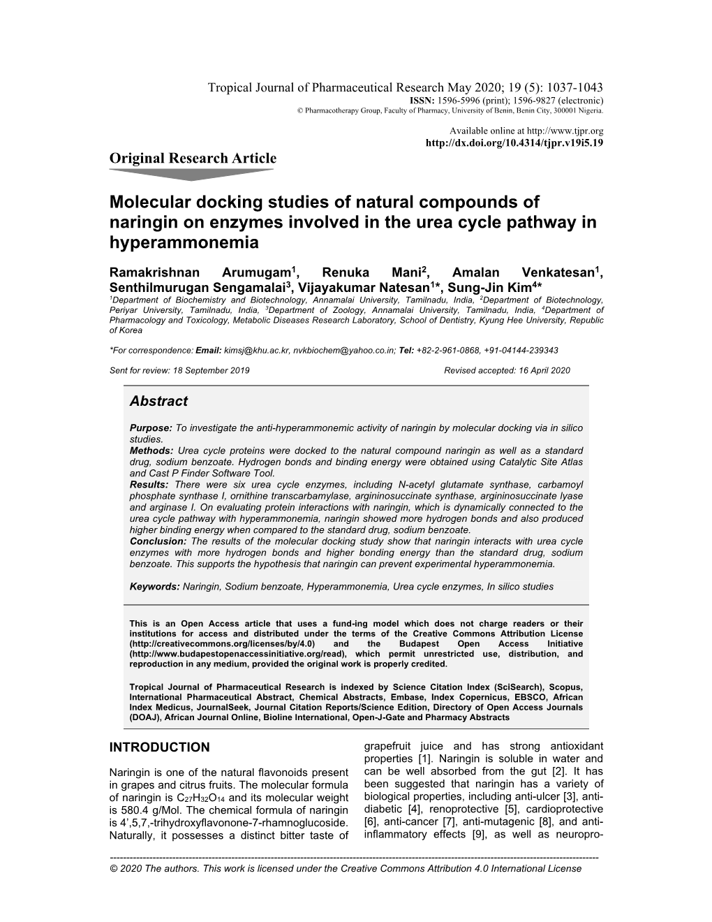 Molecular Docking Studies of Natural Compounds of Naringin on Enzymes Involved in the Urea Cycle Pathway in Hyperammonemia