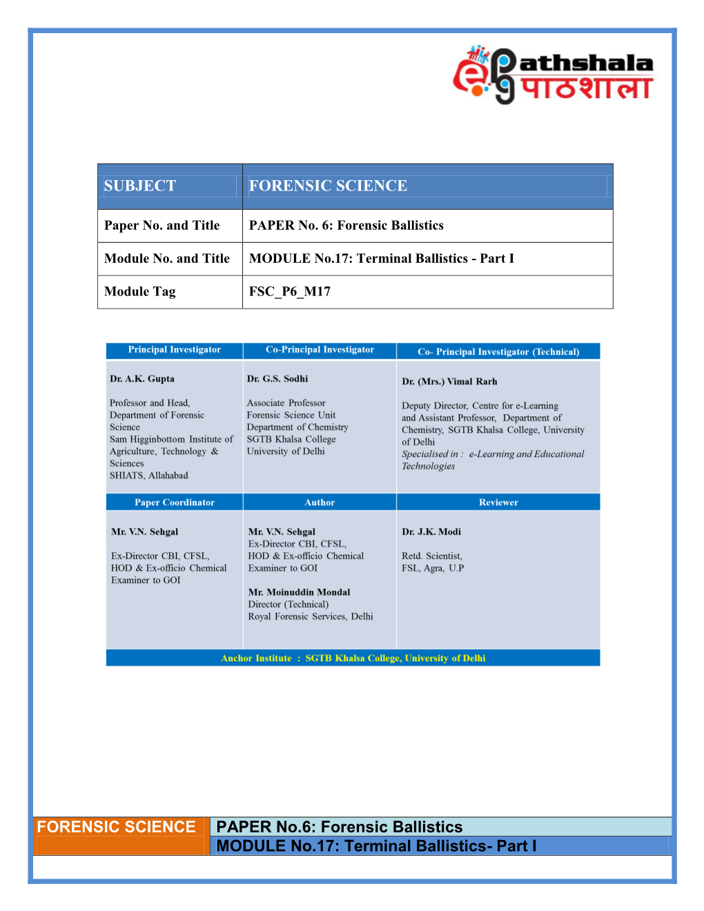 Terminal Ballistics- Part I SUBJECT FORENSIC SCIENCE