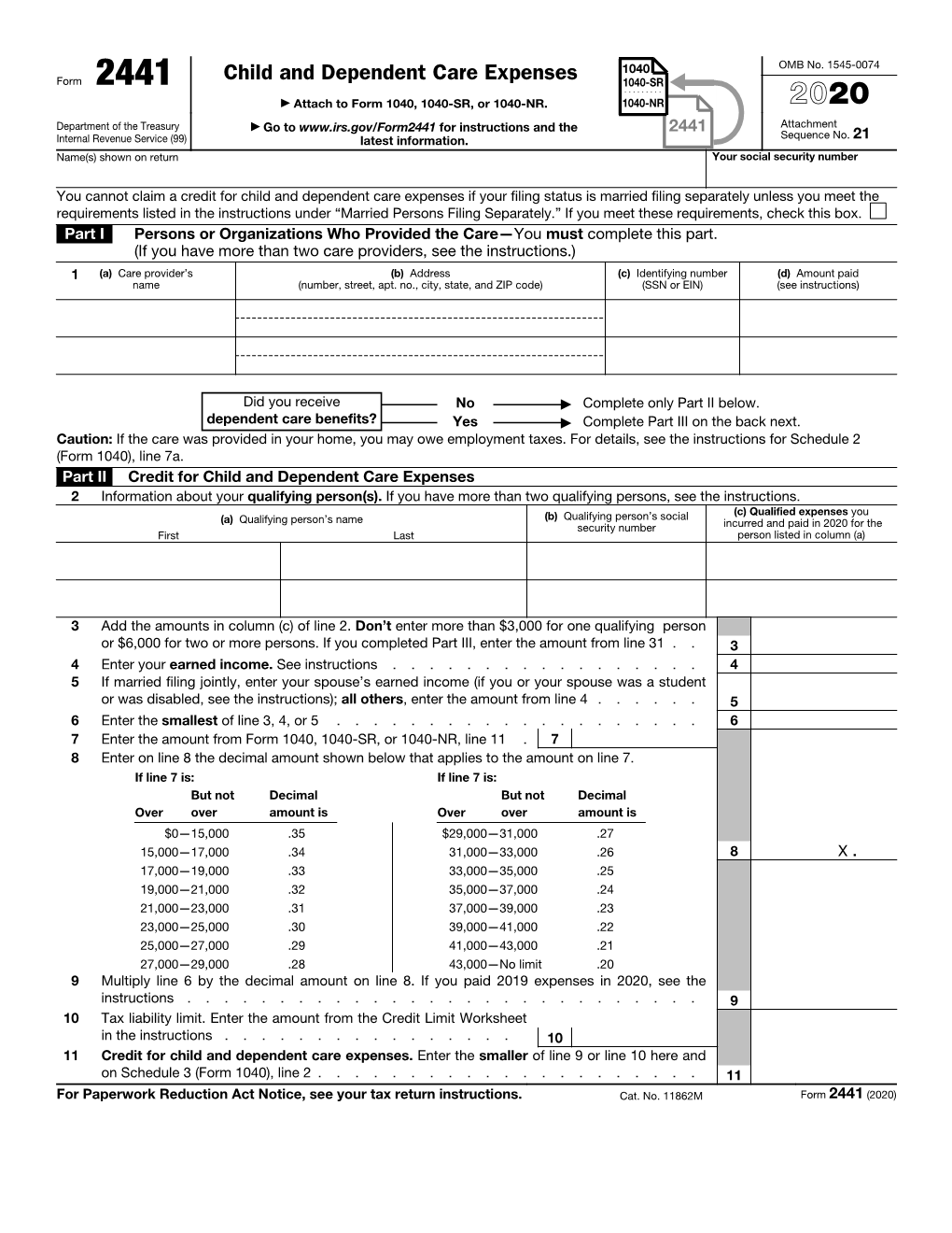 Form 2441, Child and Dependent Care Expenses