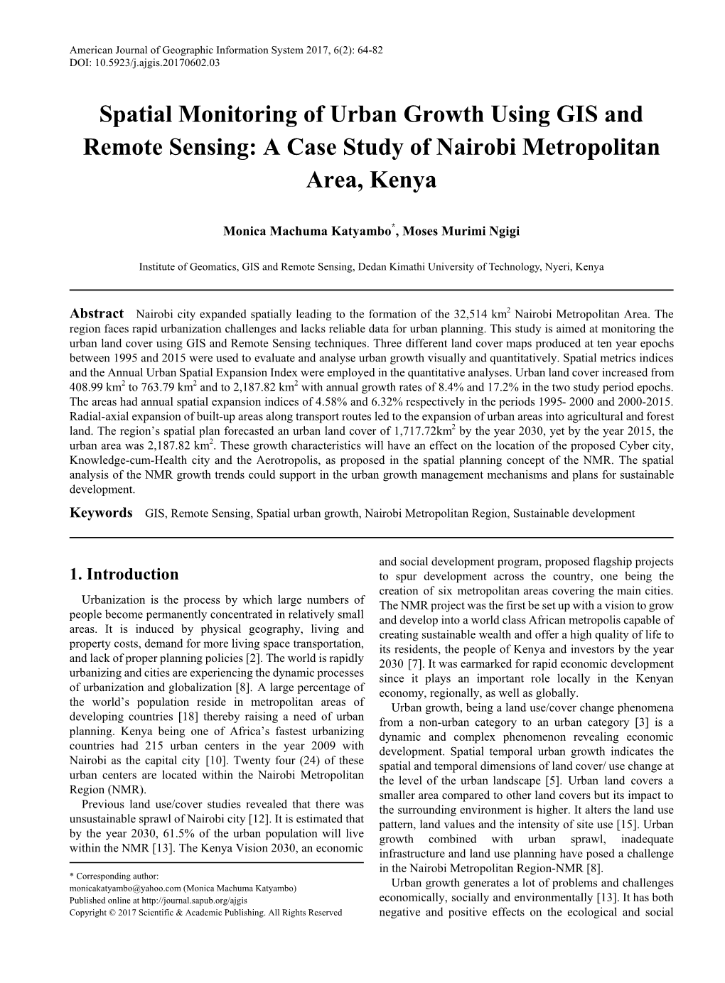 GIS, Remote Sensing, Spatial Urban Growth, Nairobi Metropolitan Region, Sustainable Development